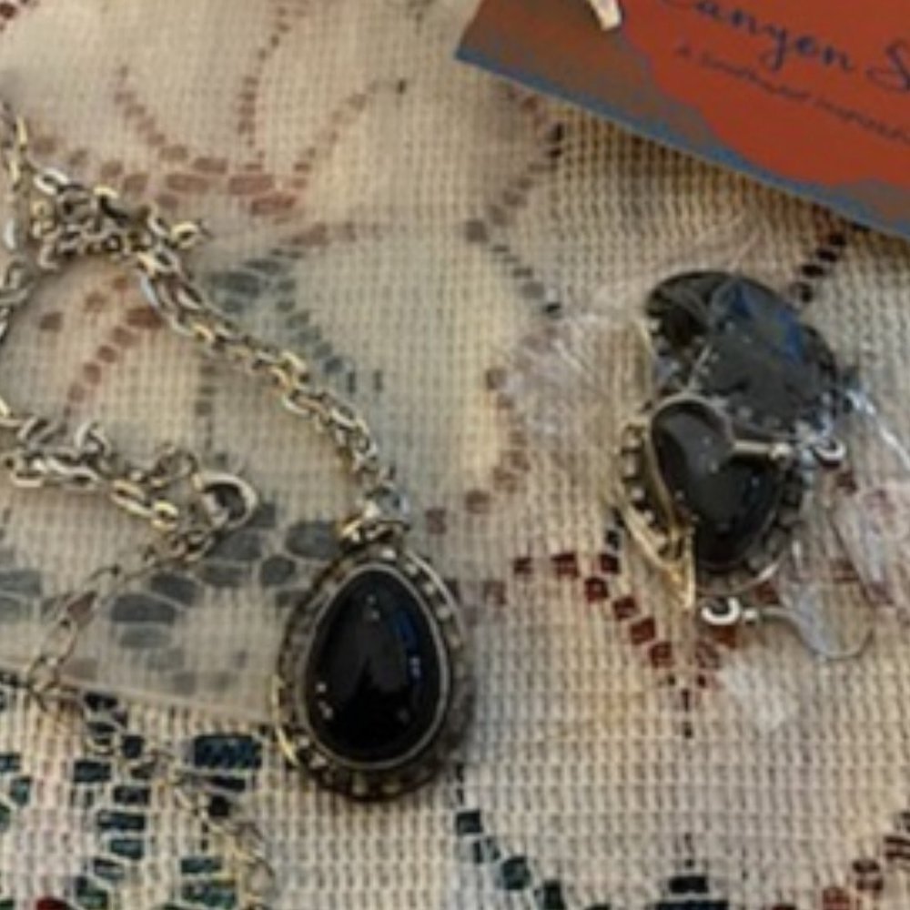 ONYX & BLACK CRYSTAL Pendant SILVER NECKLACE & Hook EARRINGS Set * Gift Bag